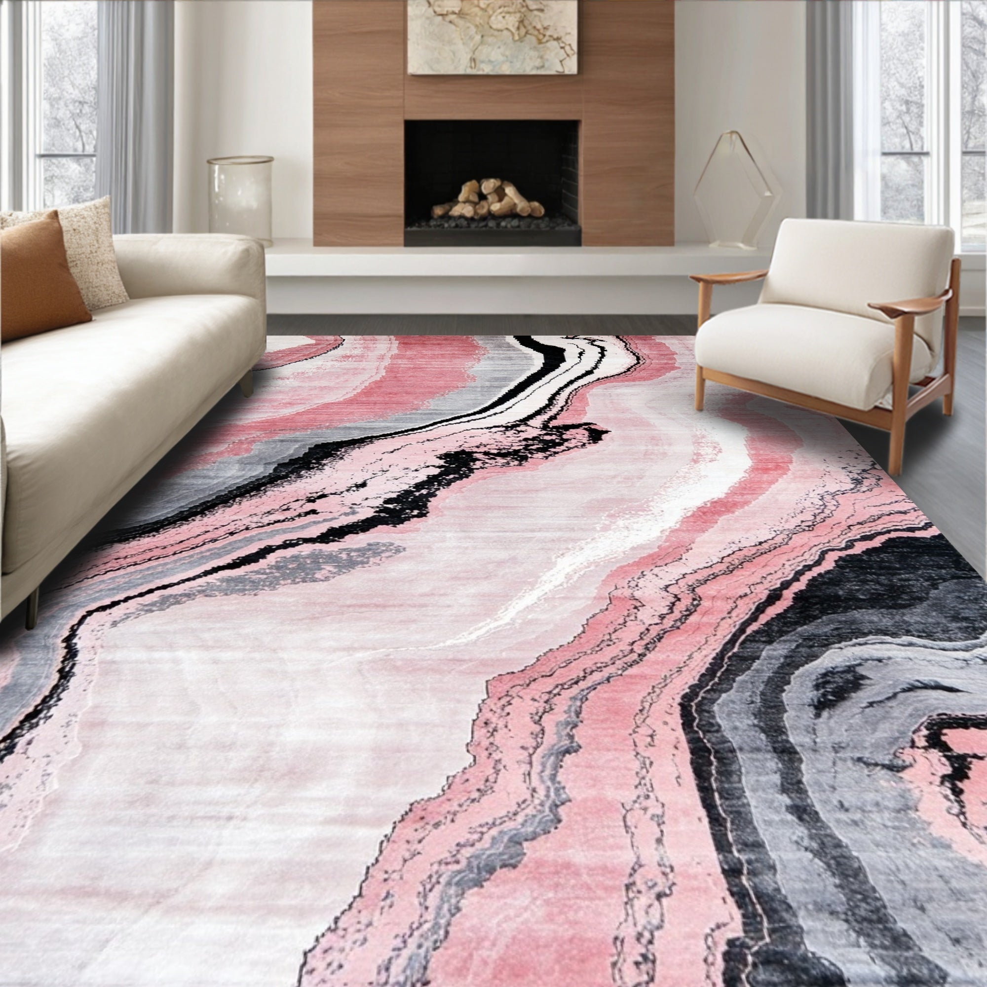 Pink Marbled Flowing Modern Rug