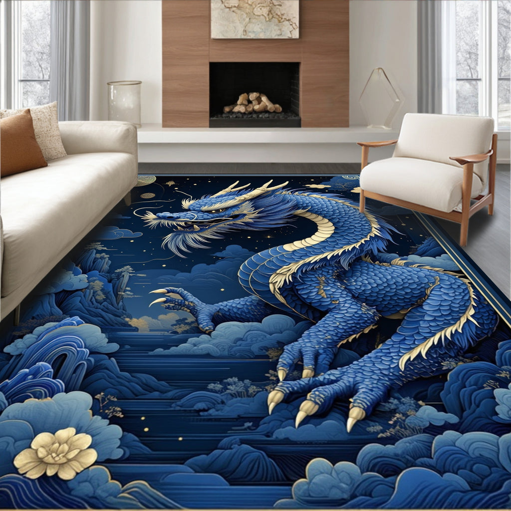 Deep Blue Dragon Mystical Night Rug(Blue)