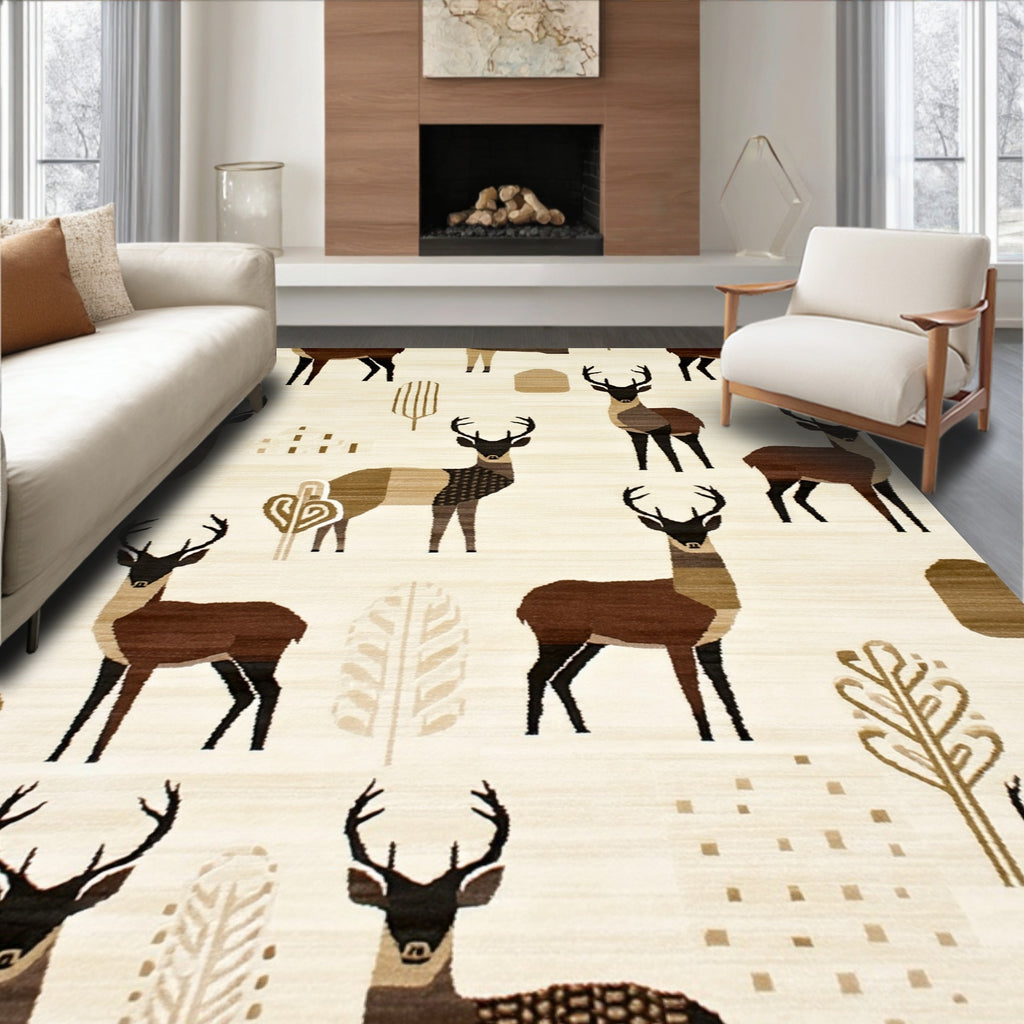 Earthy Deer Print Rustic Woodland Rug(Beige)