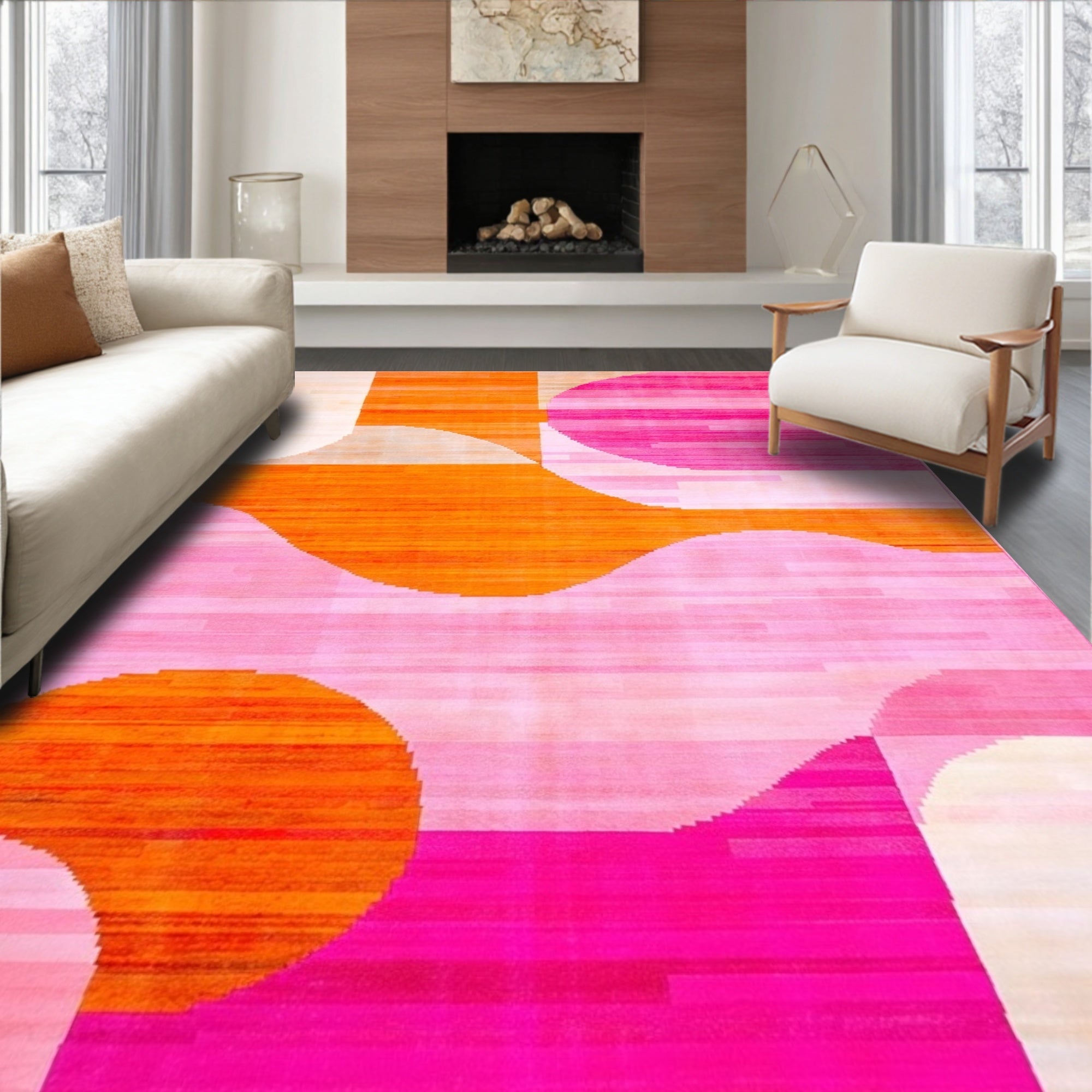Vibrant orange-pink curved abstract rug