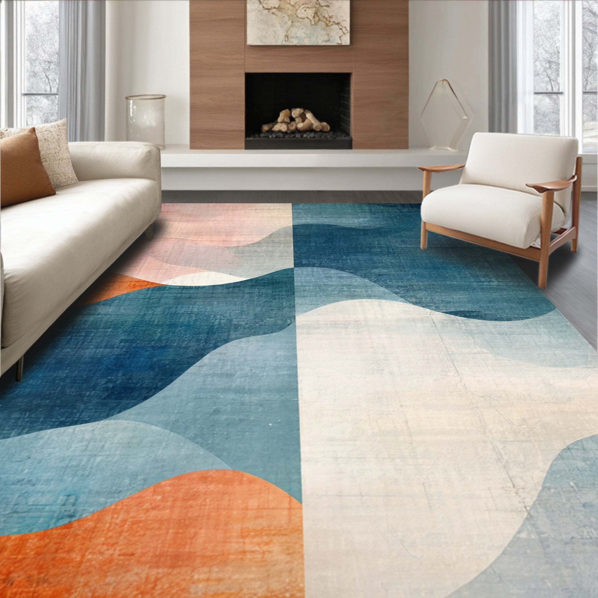 Blush Teal Coral Abstract Wave Serene Rug