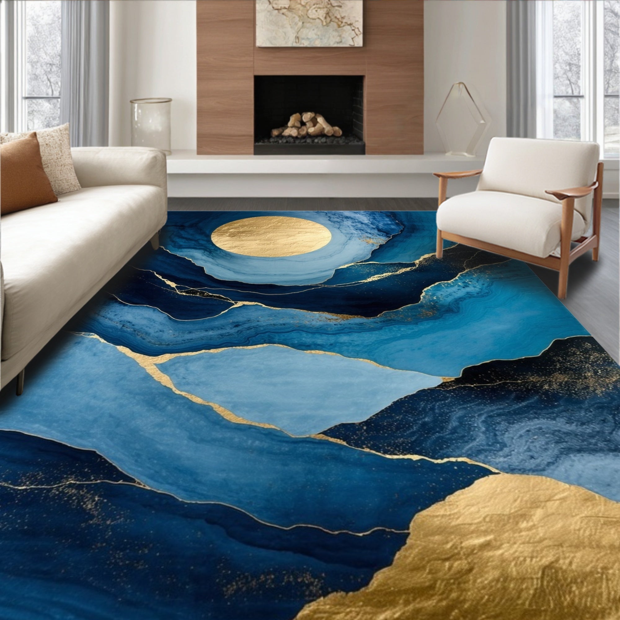 Blue Gold Fluid Abstract Serene Rug(Blue)