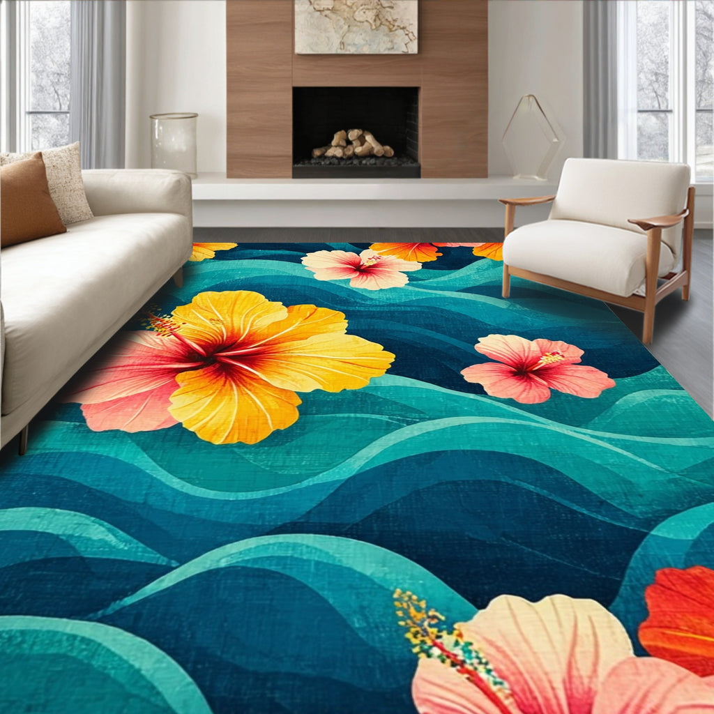 Vibrant Tropical Hibiscus Wave Rug(Blue)