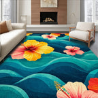 Vibrant Tropical Hibiscus Wave Rug(Blue)