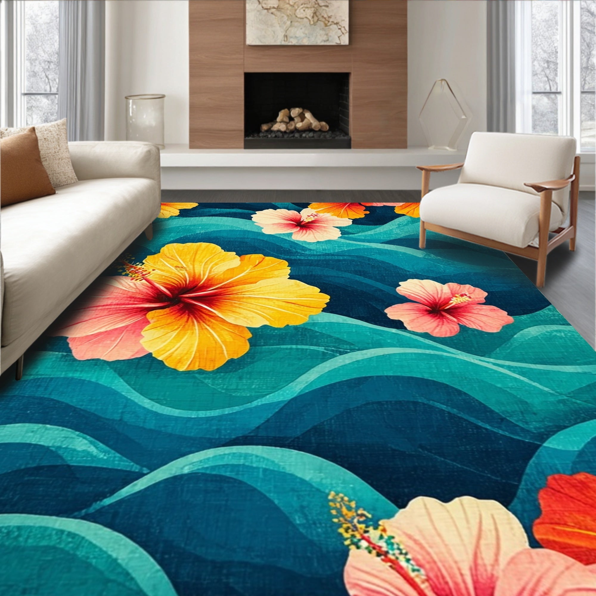 Vibrant Tropical Hibiscus Wave Rug(Blue)
