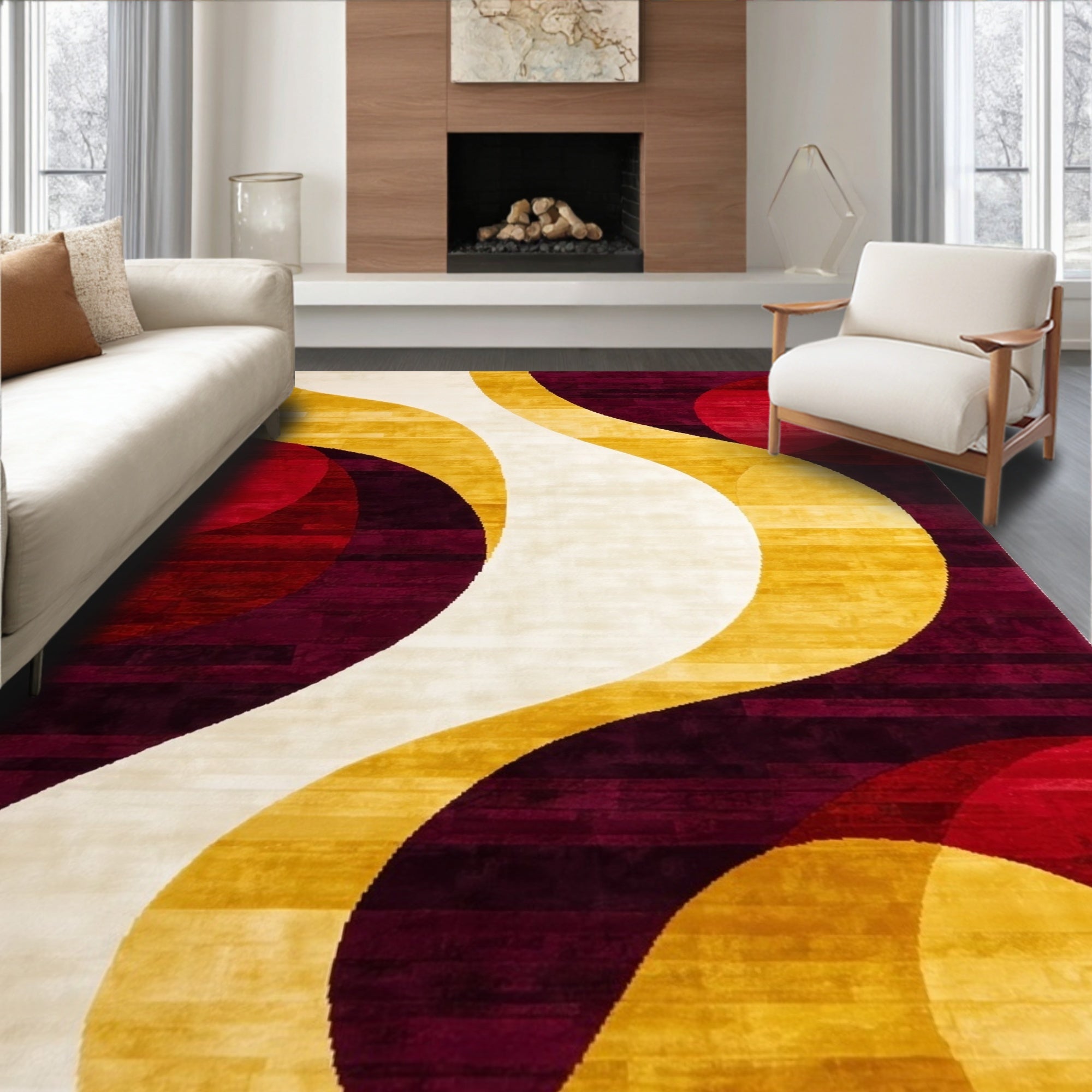 Vibrant Wavy Red-Purple-Yellow Rug