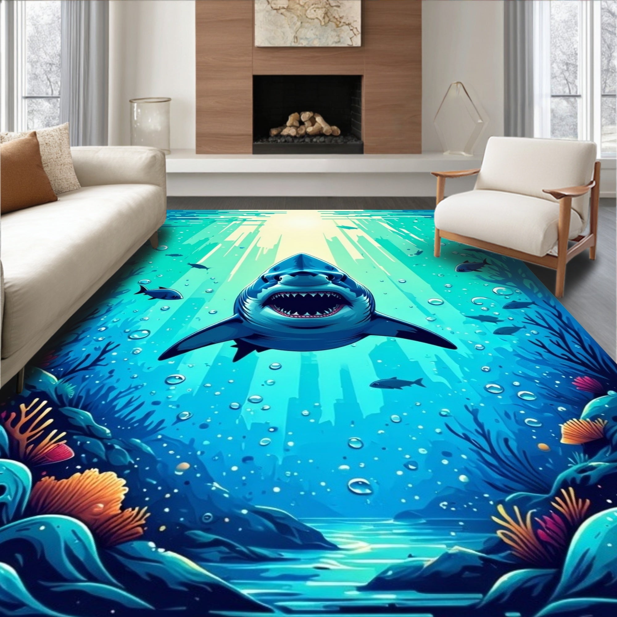 Teal Underwater Vibrant Shark Rug