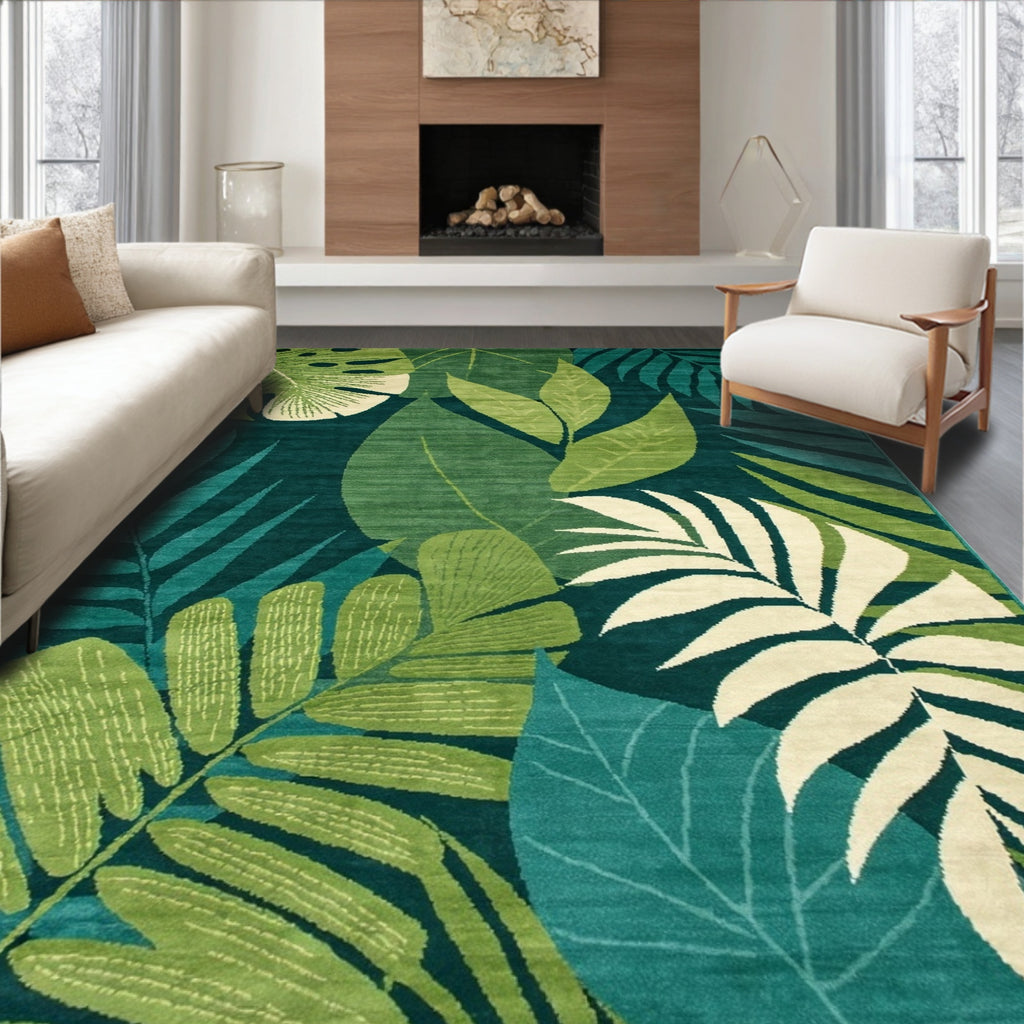 Teal-Green Tropical Leaf Rug