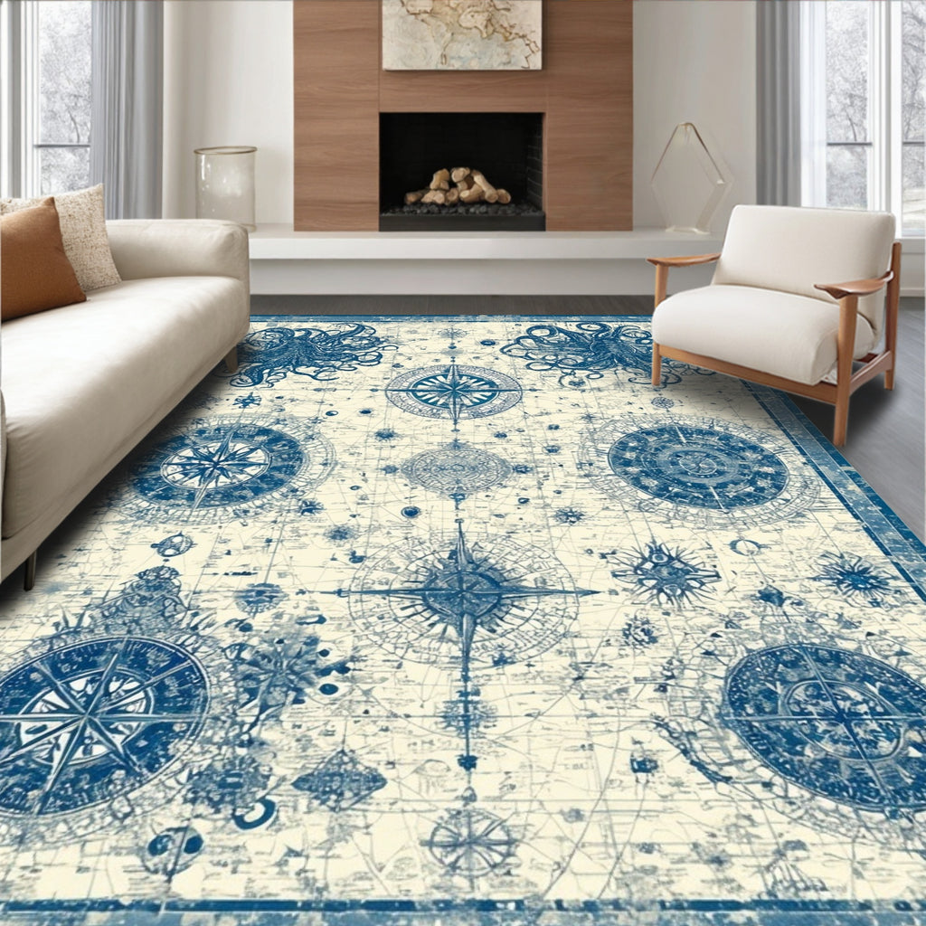 Blue Vintage Nautical Adventure Rug(Blue)