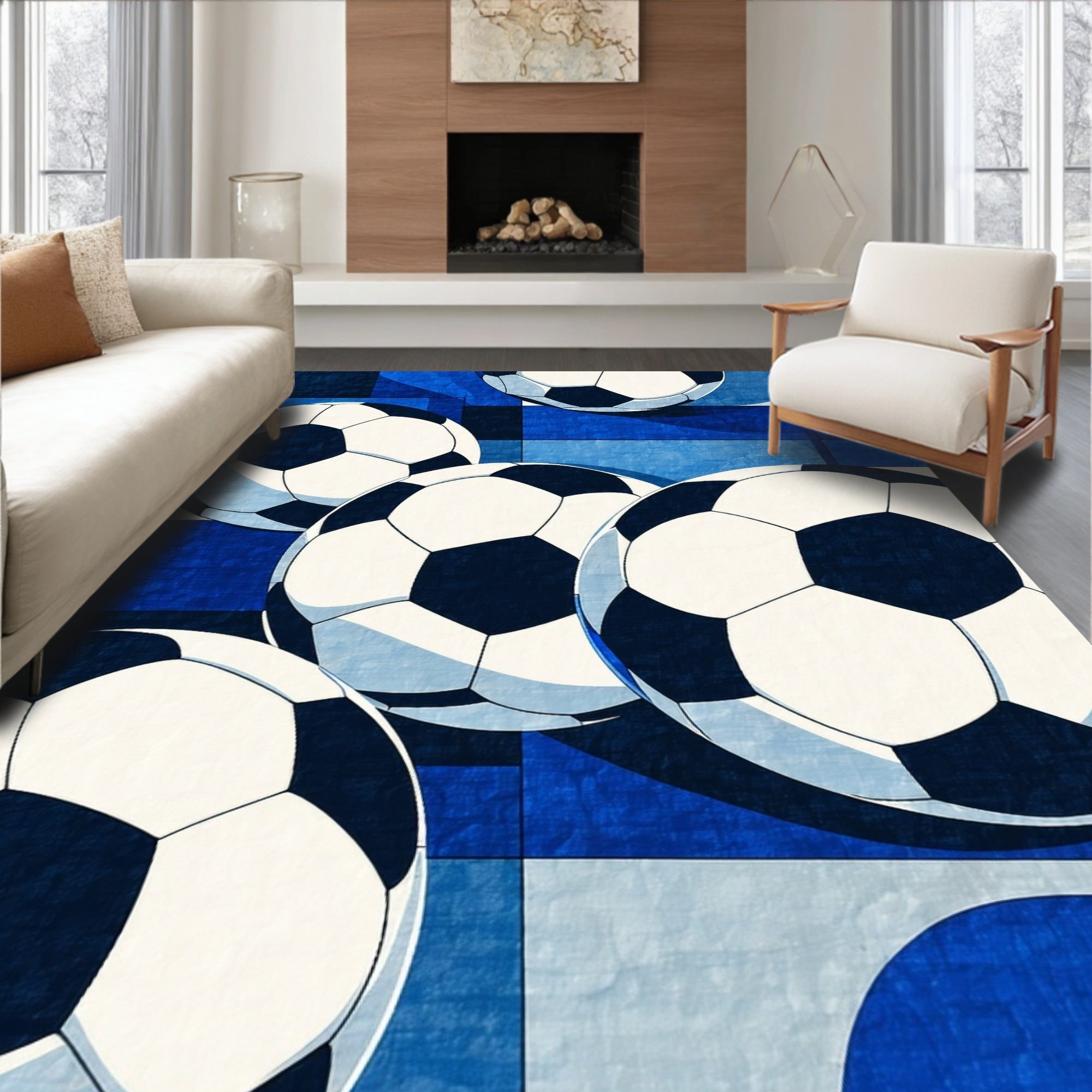 Playful Blue Soccer Ball Rug(Blue)