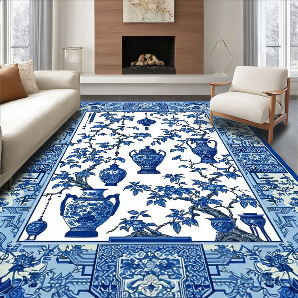 Elegant Blue-and-White Chinoiserie Rug(Blue)