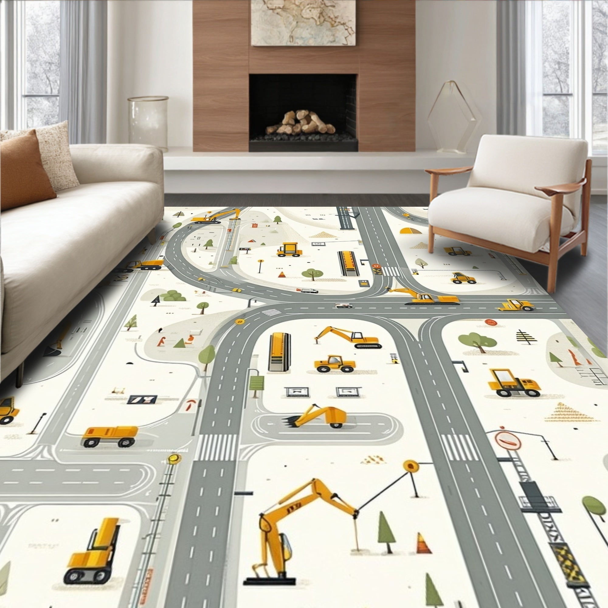 Playful Cream Construction Road Rug(Beige)