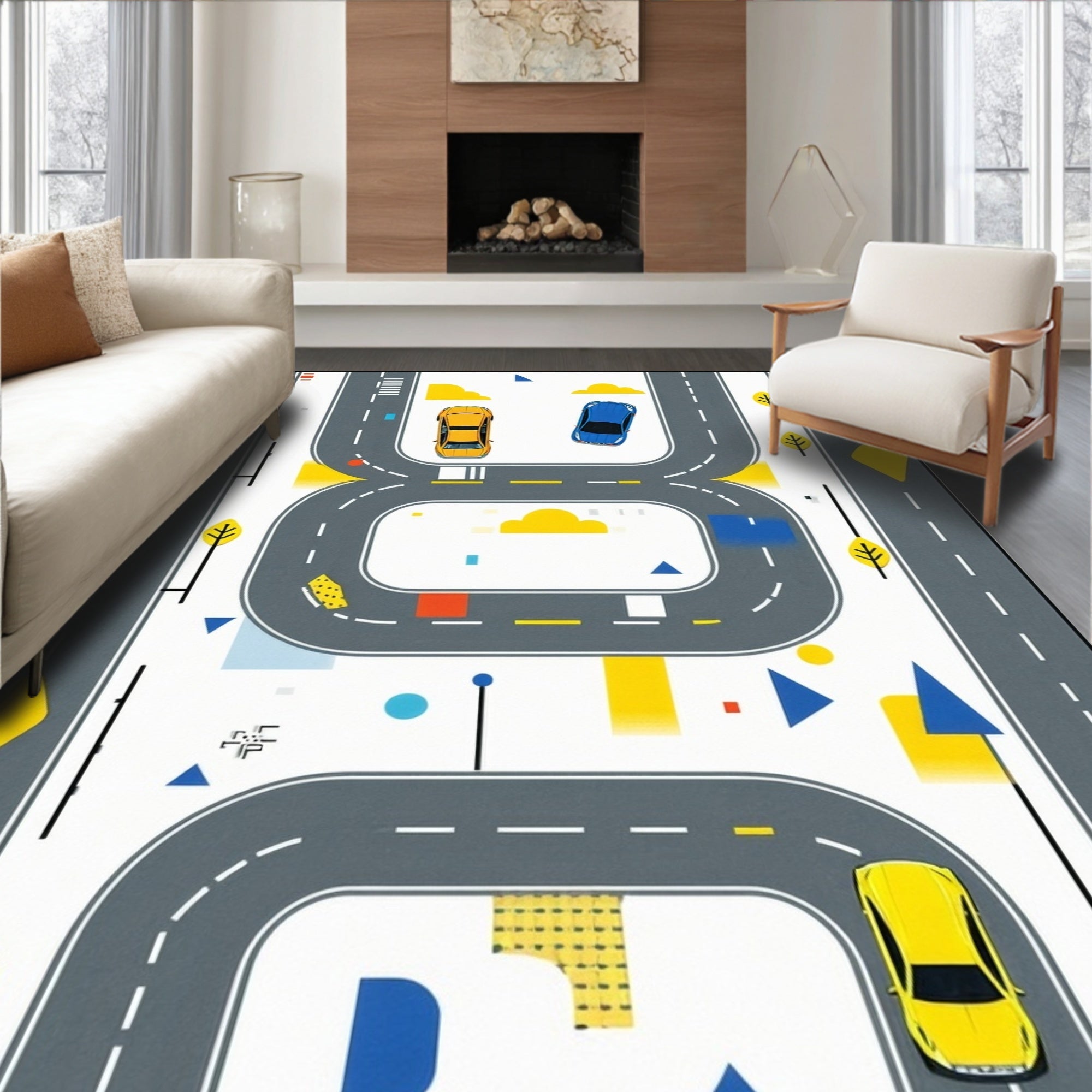 Playful Gray-Yellow City Road Rug