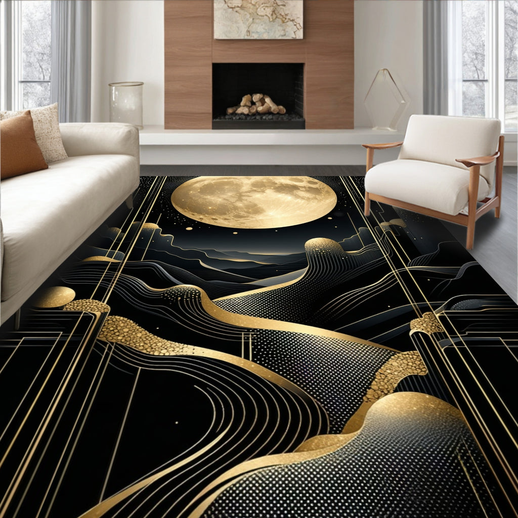 Elegant Black & Gold Celestial Pattern Rug