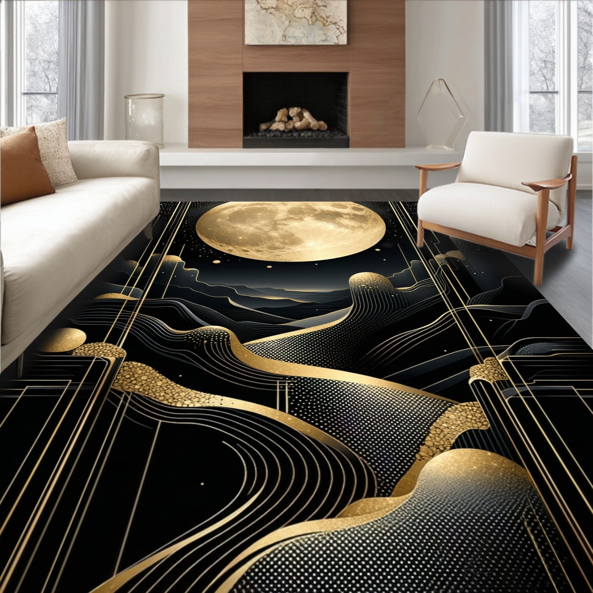 Elegant Black & Gold Celestial Pattern Rug