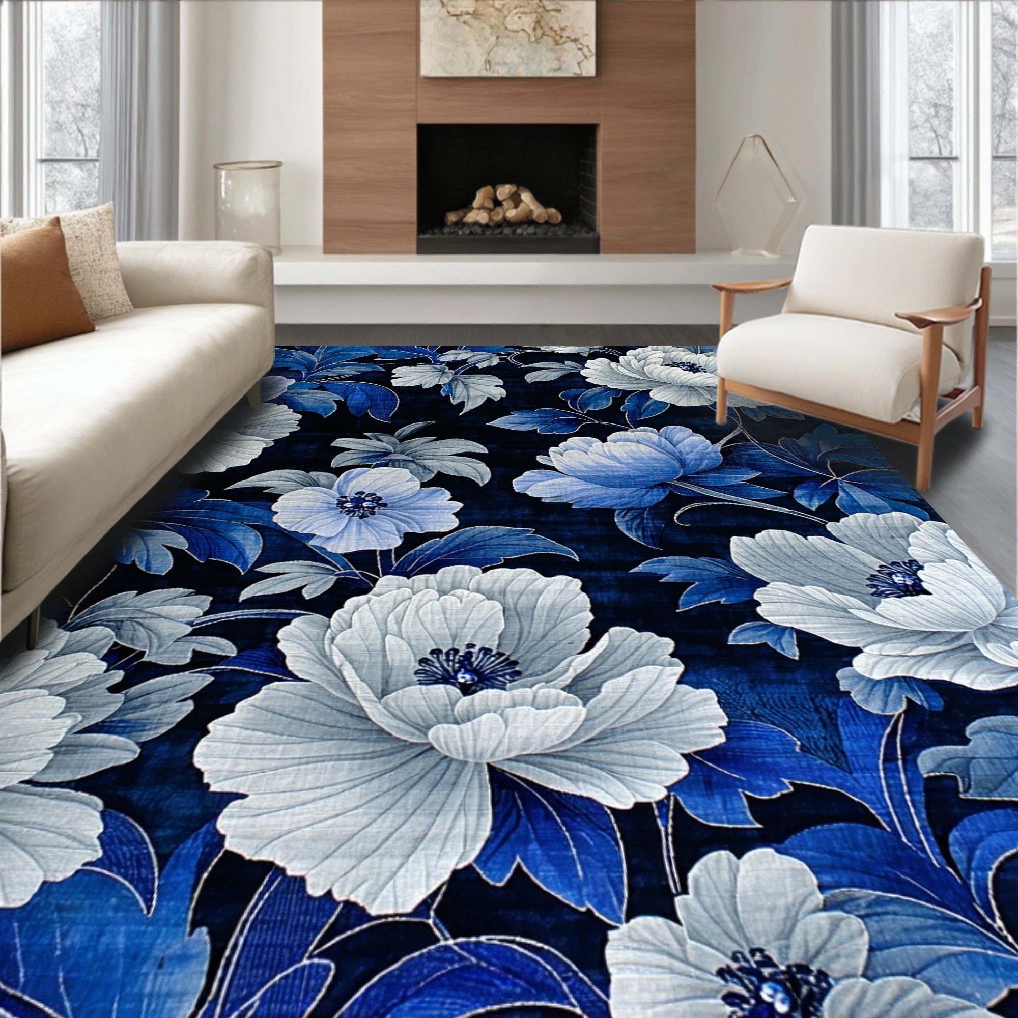 Elegant Blue-White Floral Rug(Blue)