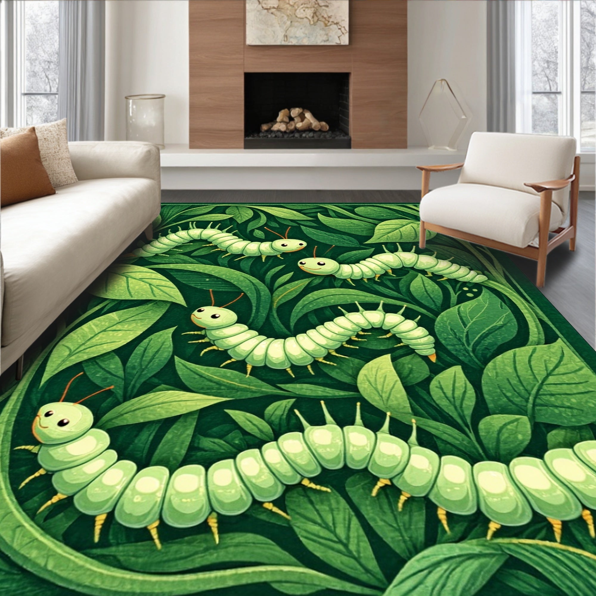 Whimsical Green Caterpillar Leaf Rug(Green)