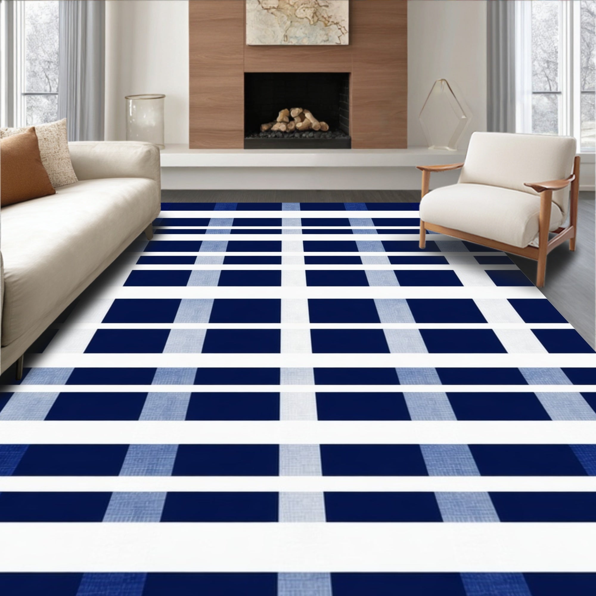 Modern Navy Blue White Checkered Minimalist Rug