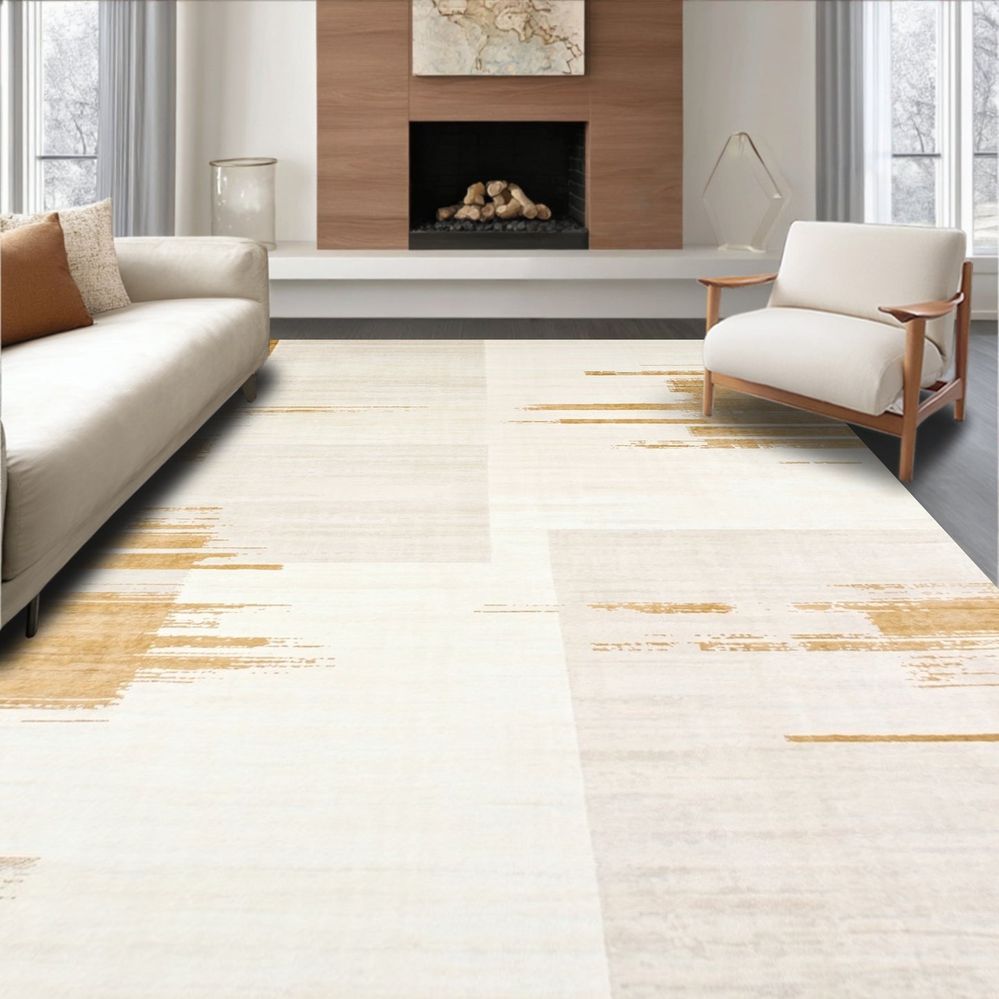 Beige Abstract Brushstroke Modern Rug(Gray)