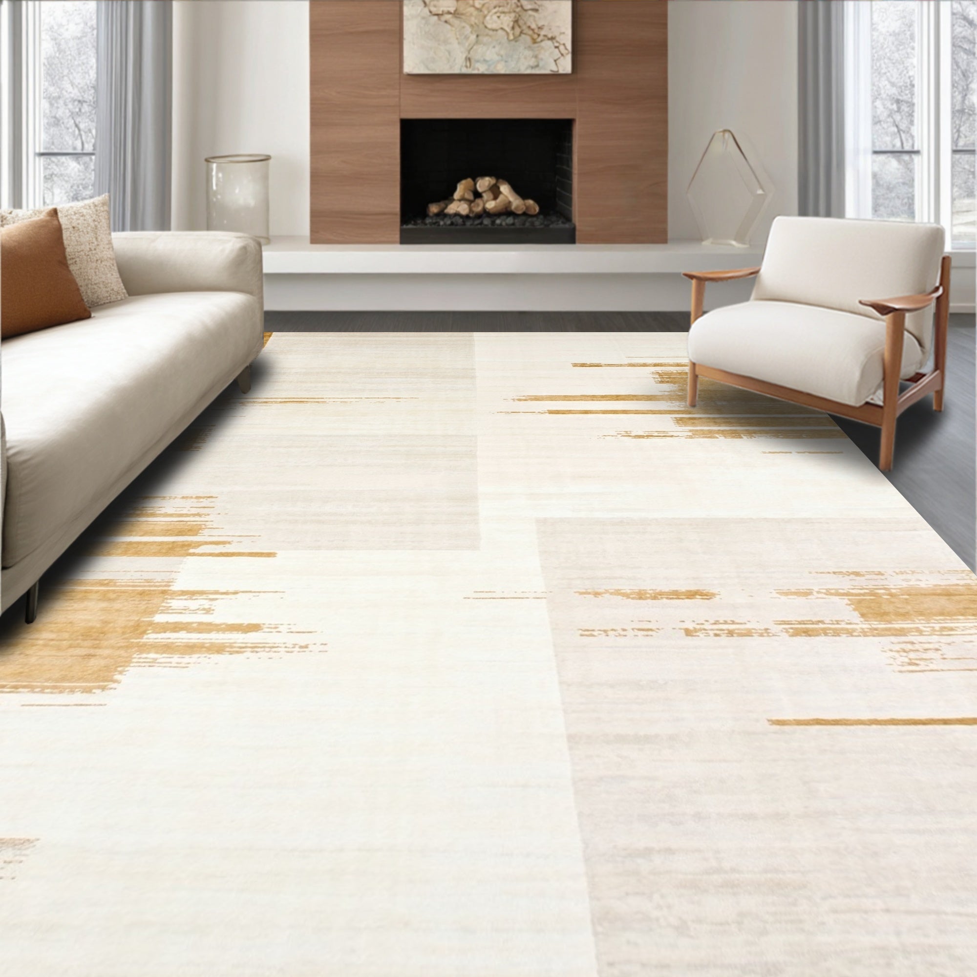 Beige Abstract Brushstroke Modern Rug(Gray)