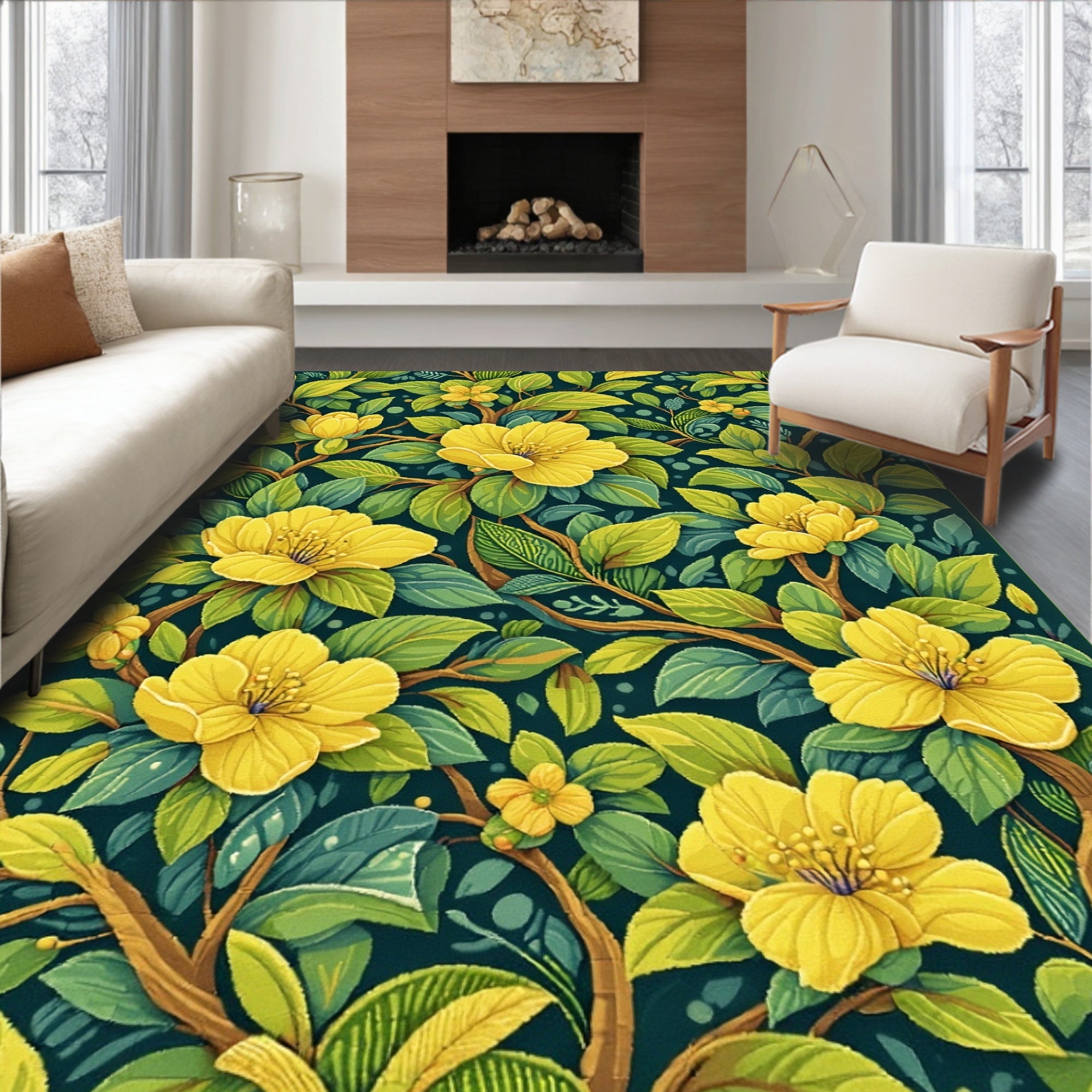 Vibrant Yellow Floral Lively Rug(Yellow)