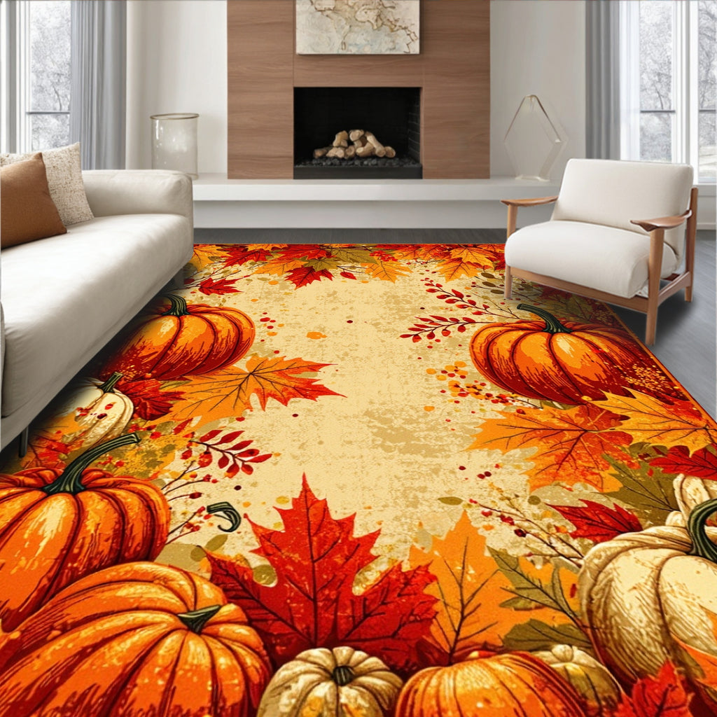 Cozy Autumn Harvest Leaves & Pumpkins Rug(Orange)