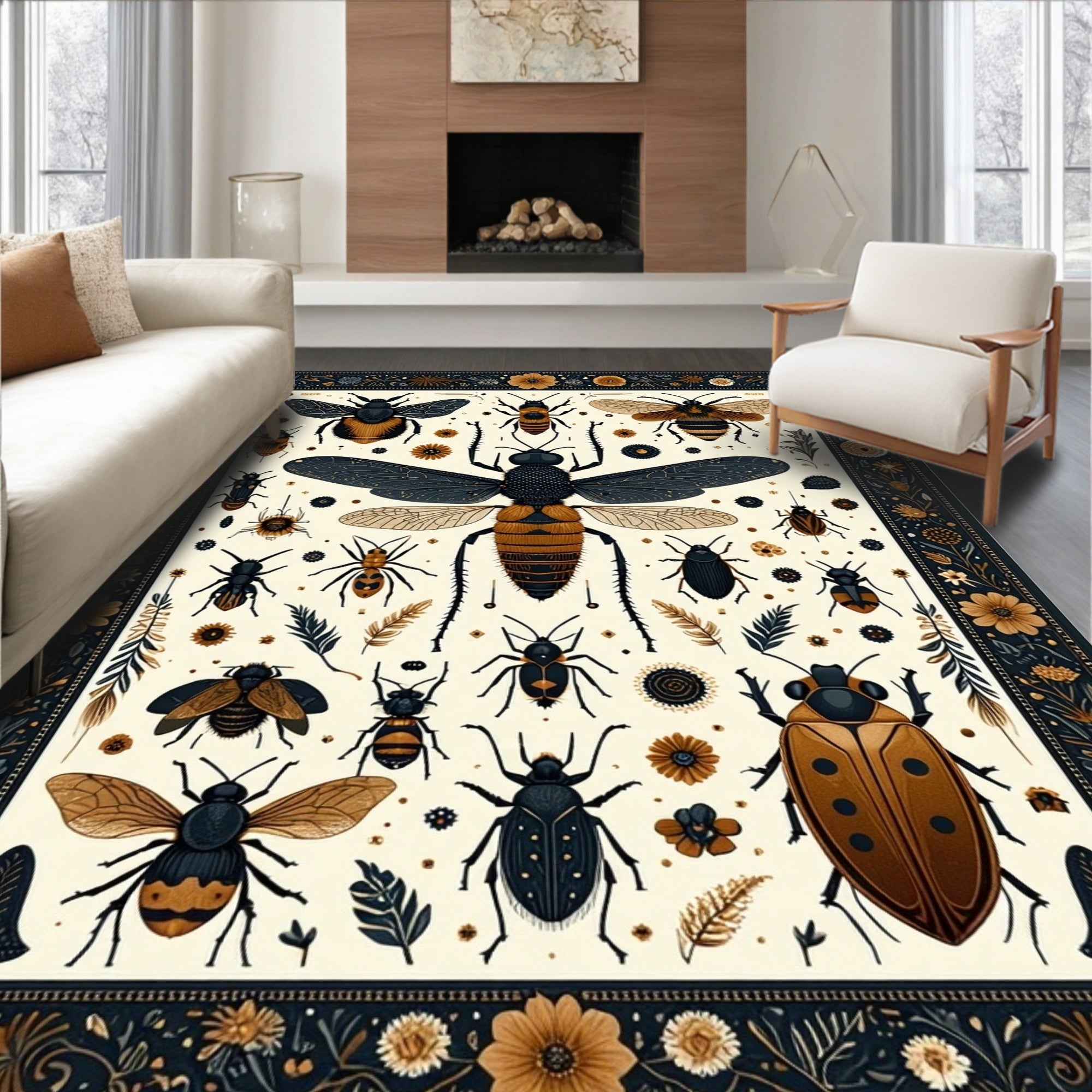 Earthy Insect Floral Whimsical Rug(Gold)