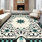 Cream Teal Black Ornate Elegant Rug(Ivory)