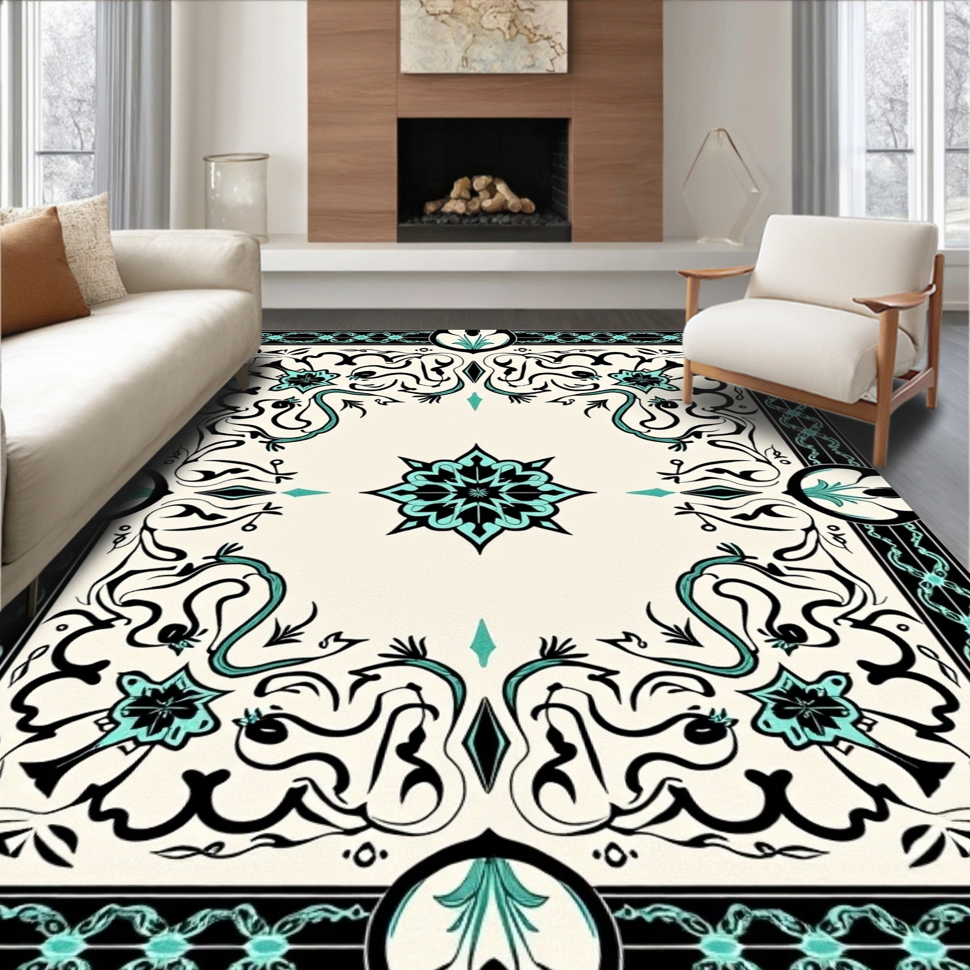 Cream Teal Black Ornate Elegant Rug(Ivory)