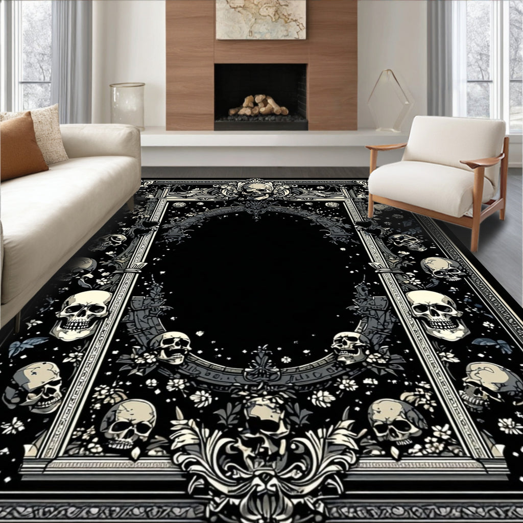 Black & White Skull-Patterned Gothic Rug(Black)