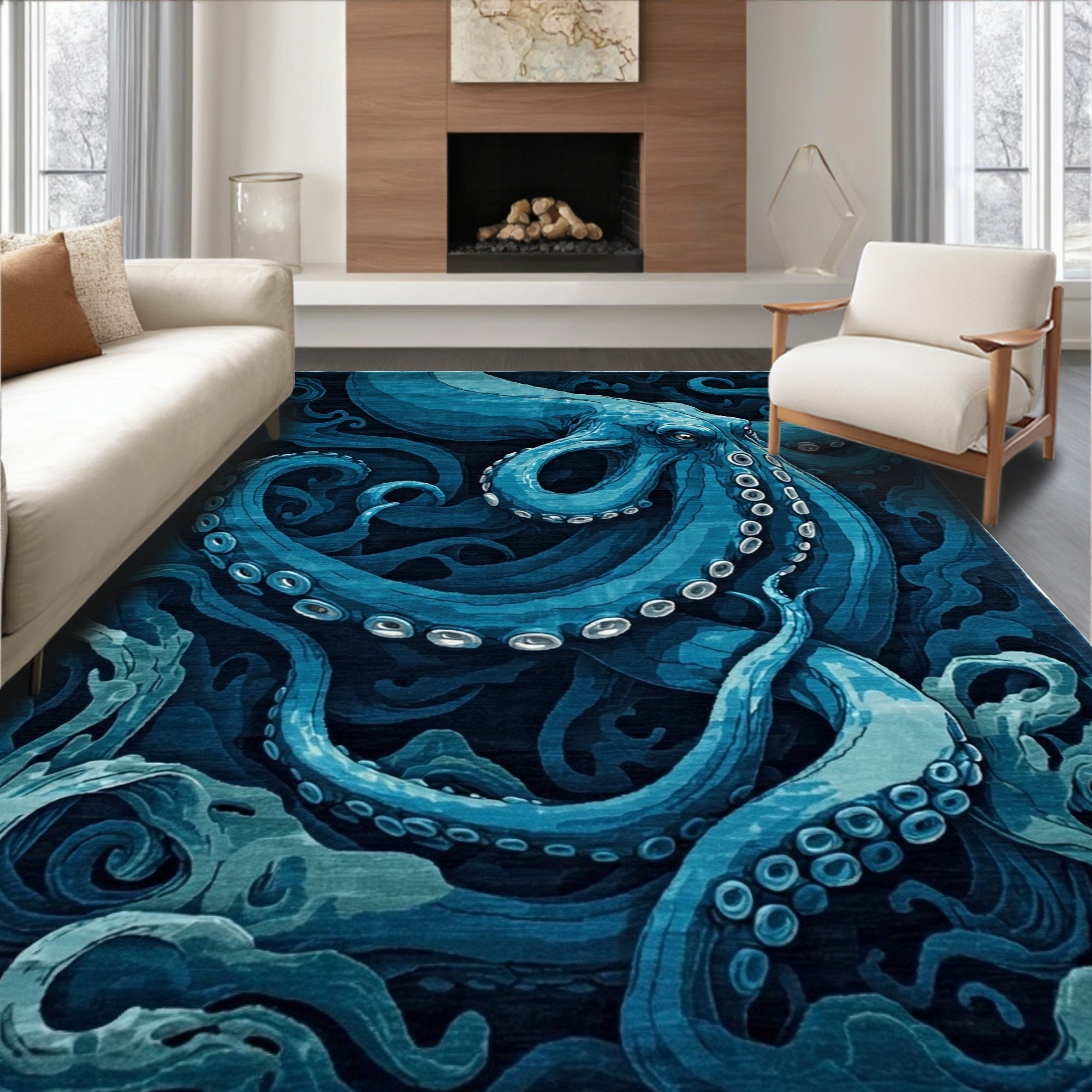 Ocean Blue Octopus Swirling Underwater Rug