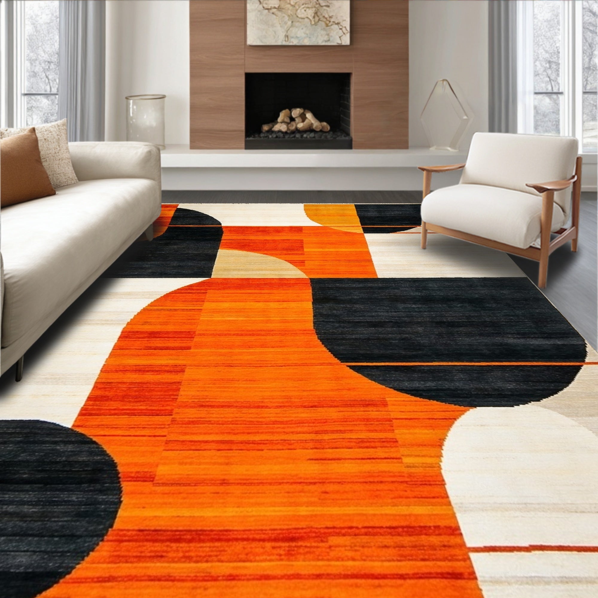 Vibrant Geometric Orange Black Rug(Orange)