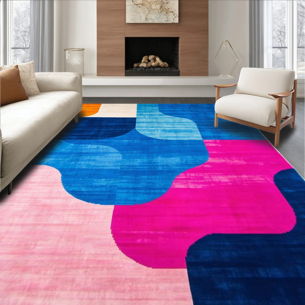 Vibrant Curved Abstract Blue-Pink Rug