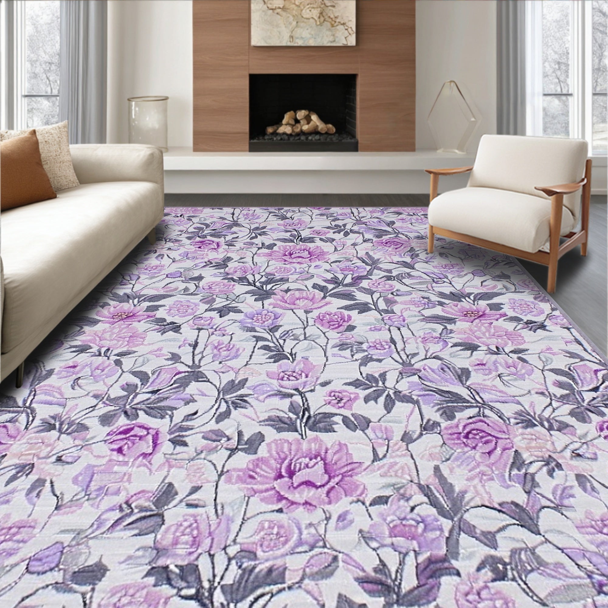 Romantic Lavender Floral Rug(Purple)