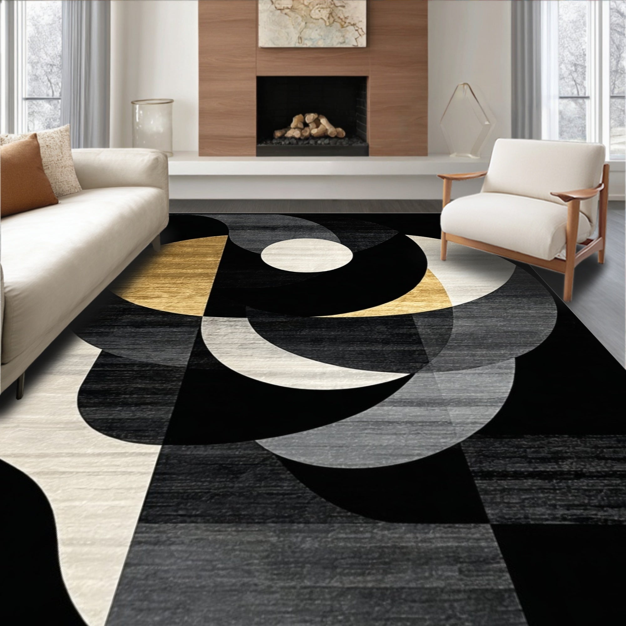 Sophisticated Black Gold Abstract Geometric Rug