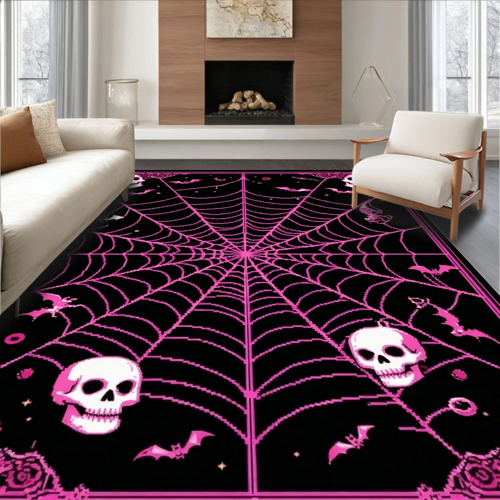 Edgy Pink Spiderweb Skull Rug(Black)