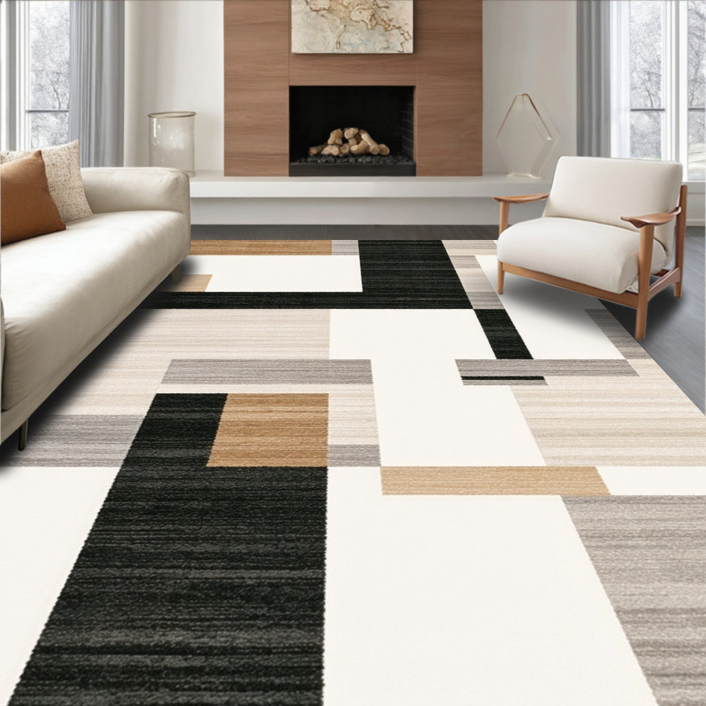 Abstract Tan Gray Black Blocks Rug
