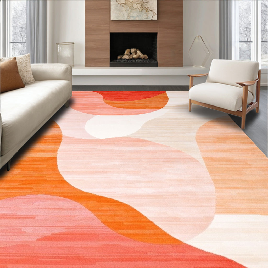 Vibrant Orange-Pink Curved Abstract Rug