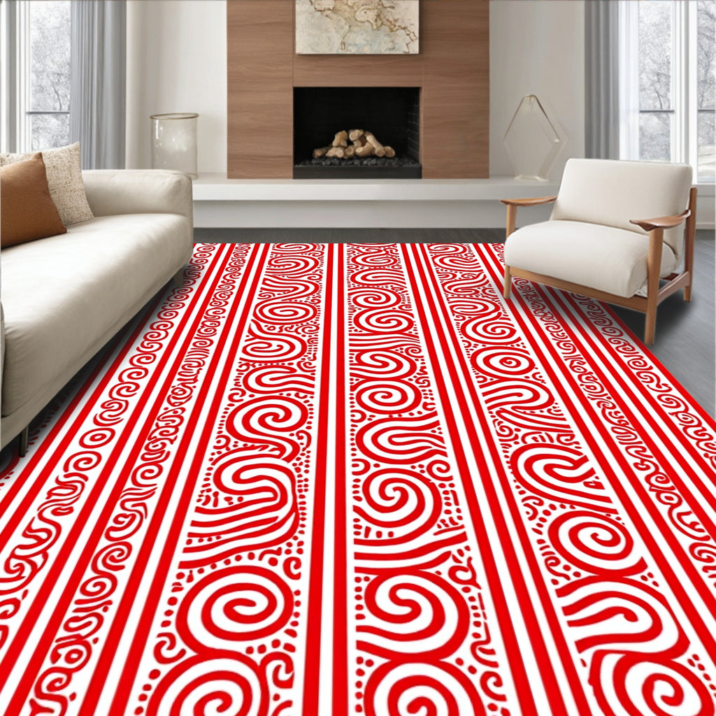 Vibrant Red Swirled Stripe Rug(Red)