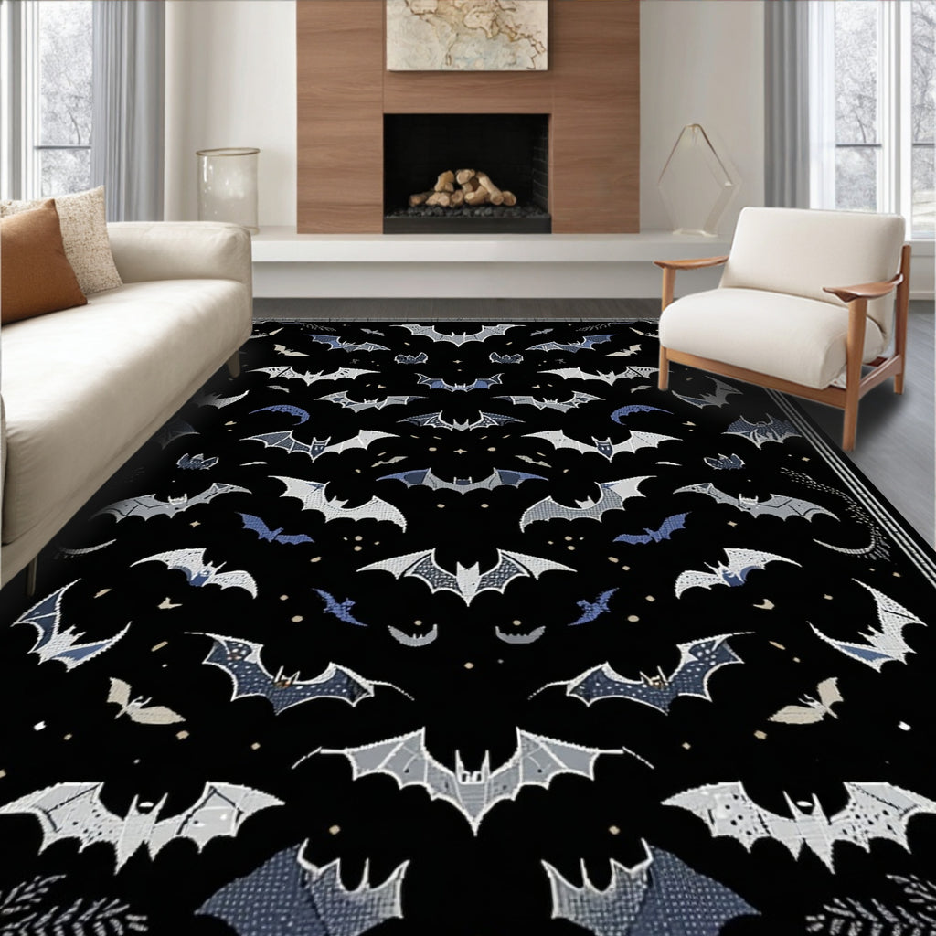 Black Bat-Patterned Mysterious Rug(Black)