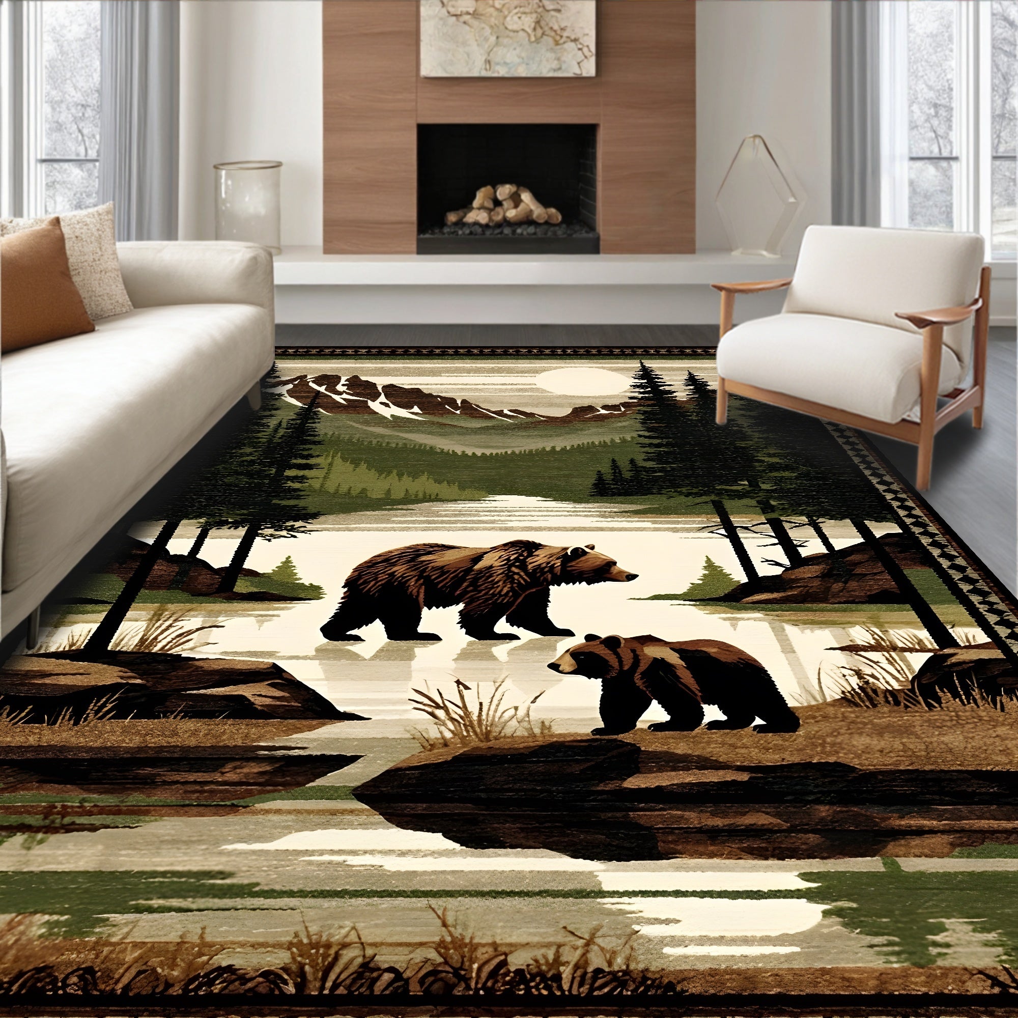 Earthy Wilderness Landscape Tranquil Rug(Brown)
