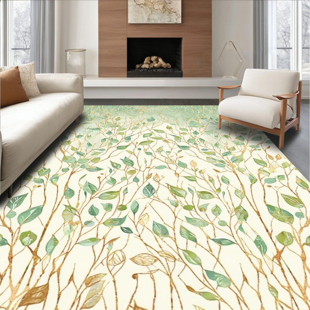 Teal & Gold Leafy Vines Tranquil Rug(Green)
