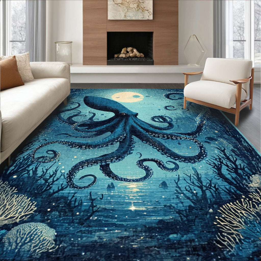 Ocean Blue Octopus Serene Rug(Blue)