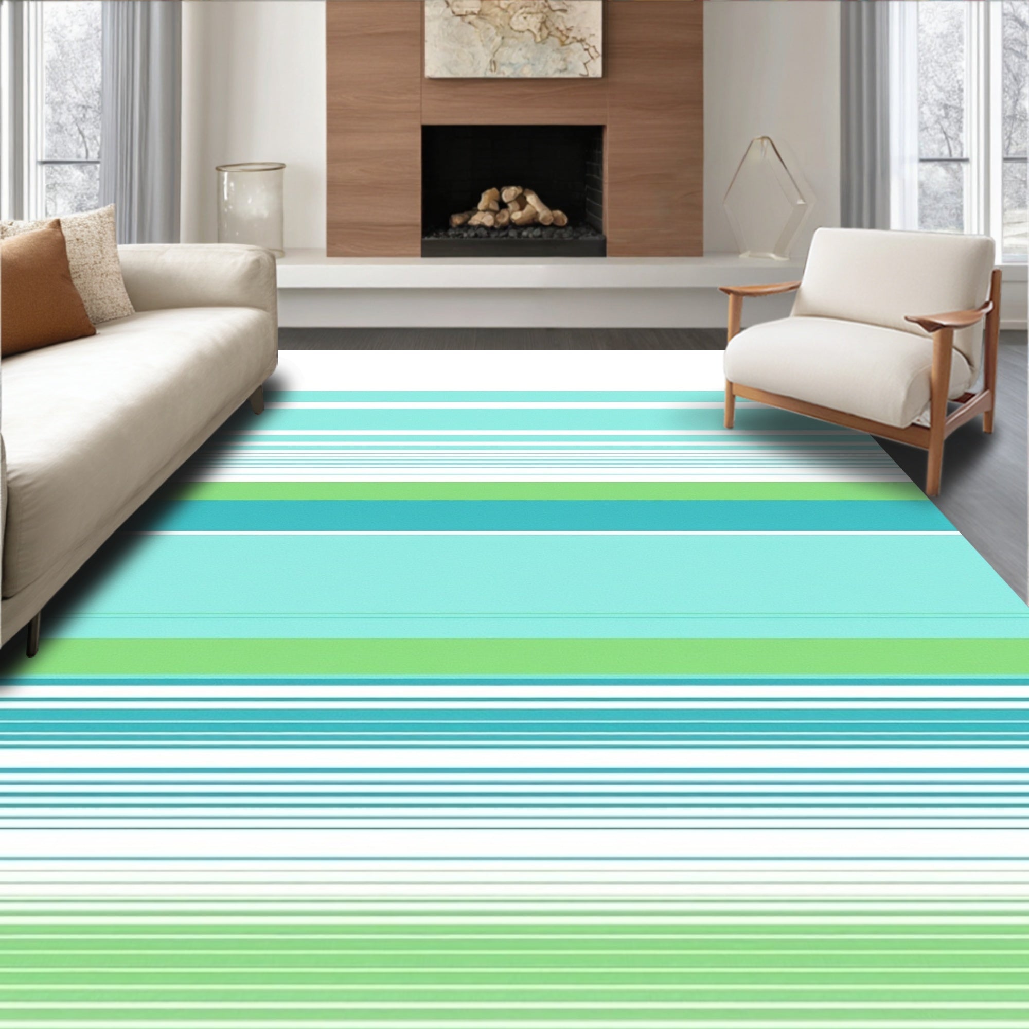 Fresh Teal-Green Striped Rug(Blue)