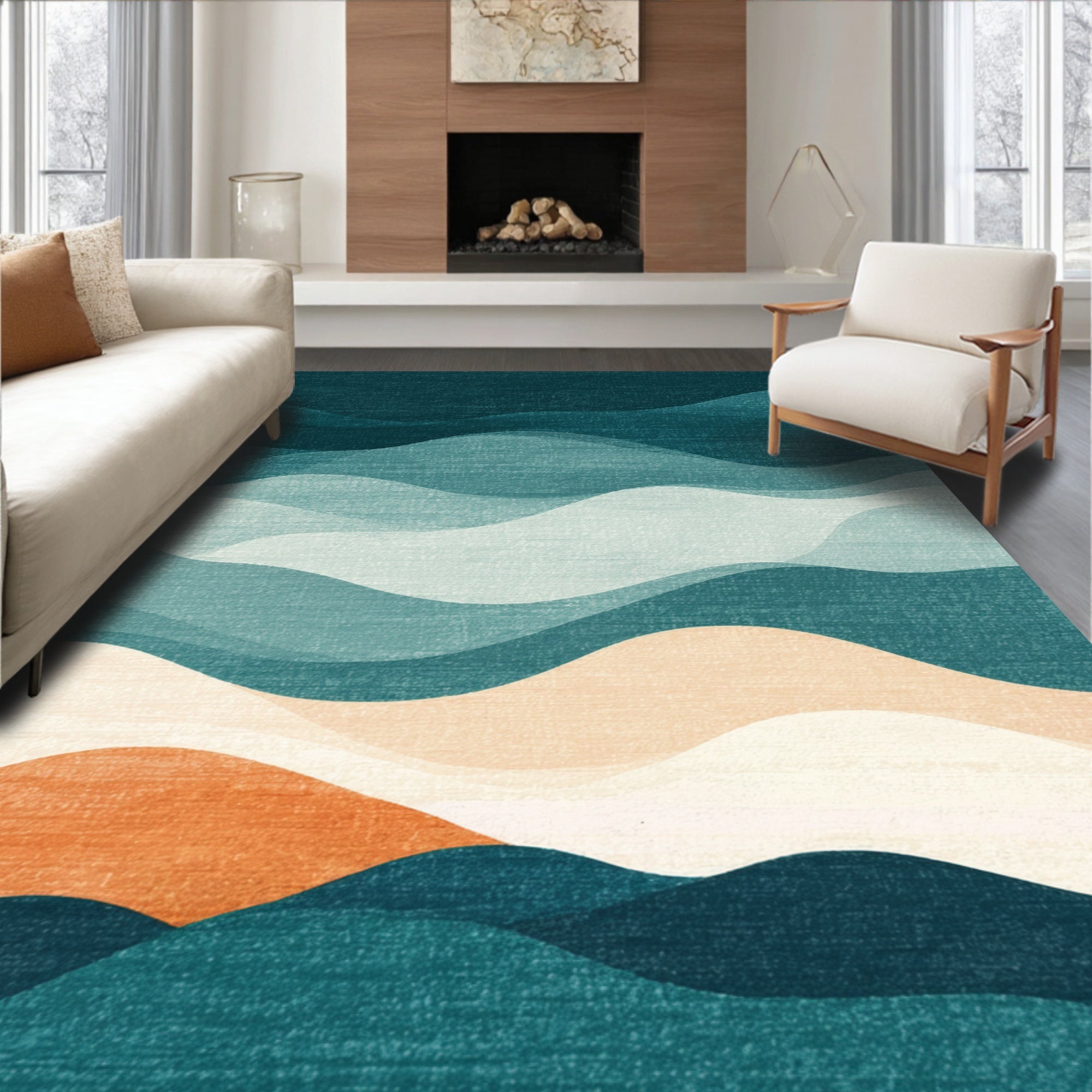 Tranquil Teal Wave Rug(Orange)