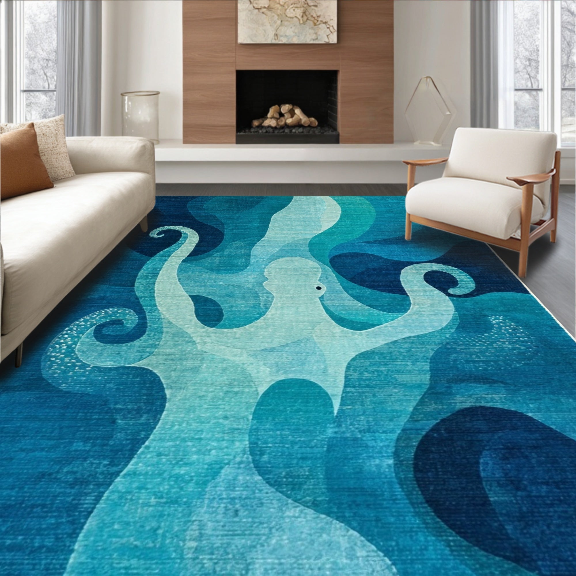 Serene Blue Octopus Pattern Rug