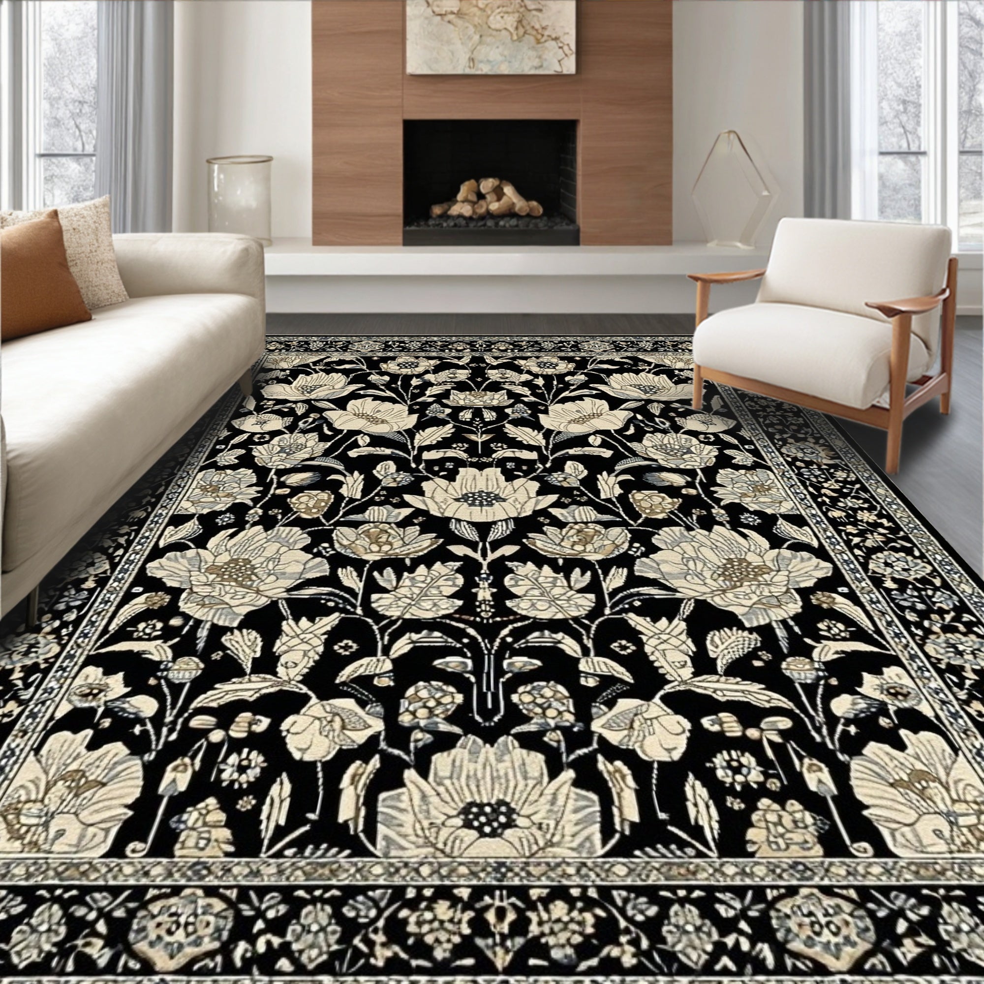 Black Floral Elegant Rug(Black)