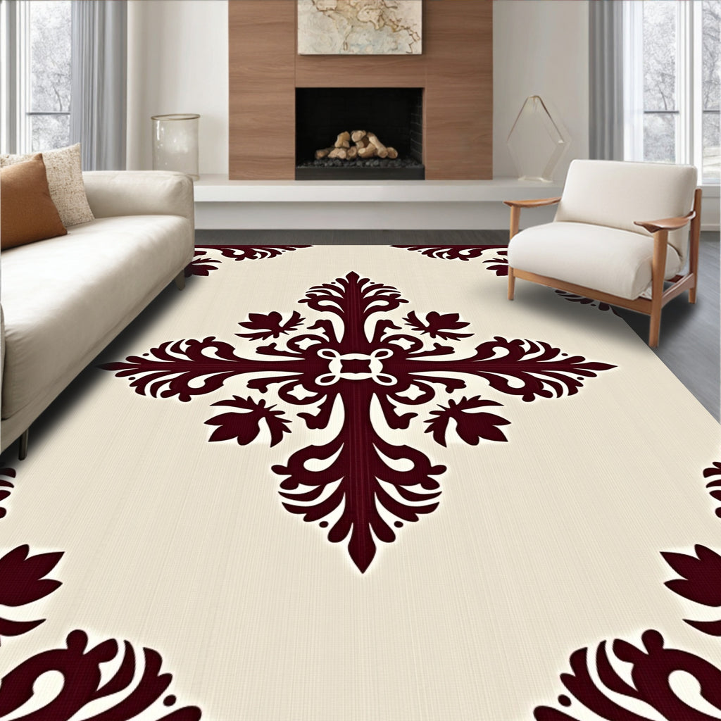 Burgundy Ornate Elegant Rug(Beige)