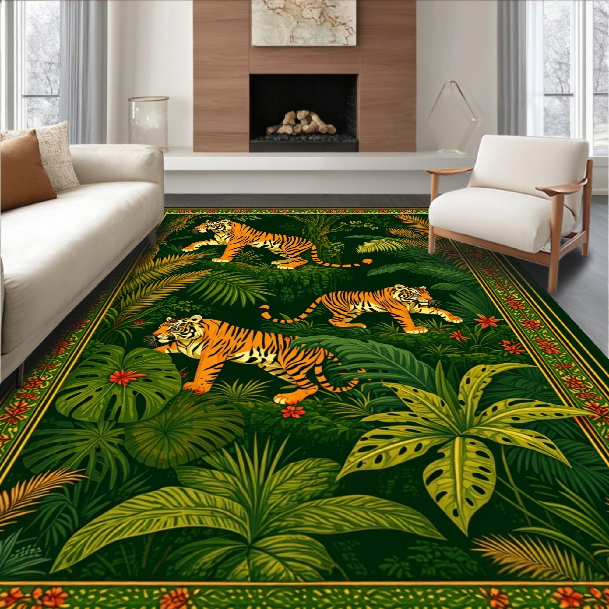 Vibrant Dark Green Jungle Tiger Rug(Green)