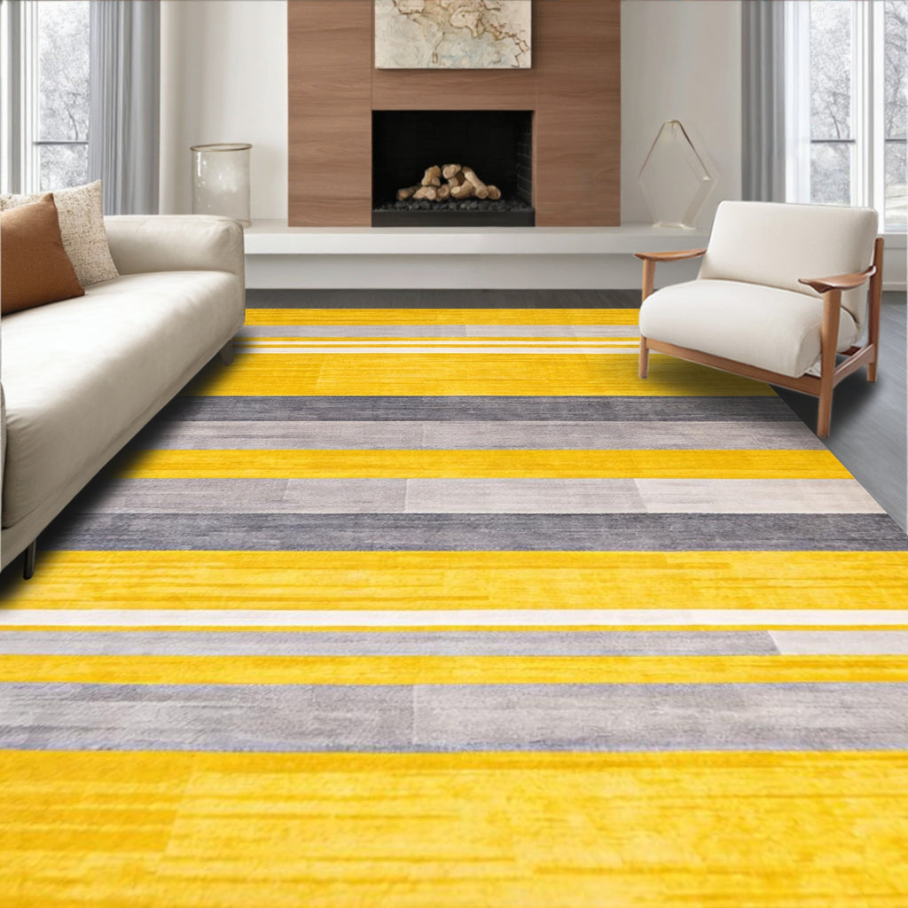 Vibrant Yellow Gray Striped Modern Rug